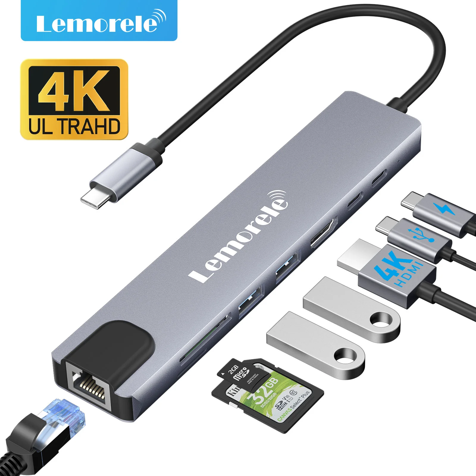 Lemorele 8-In-1 USB-C Multiport Hub With 4K HDMI, Dual USB 2.0, USB-C Data, USB-C Pd,1000 Mbps RJ45, Sd & Tf Card Reader (TC19)