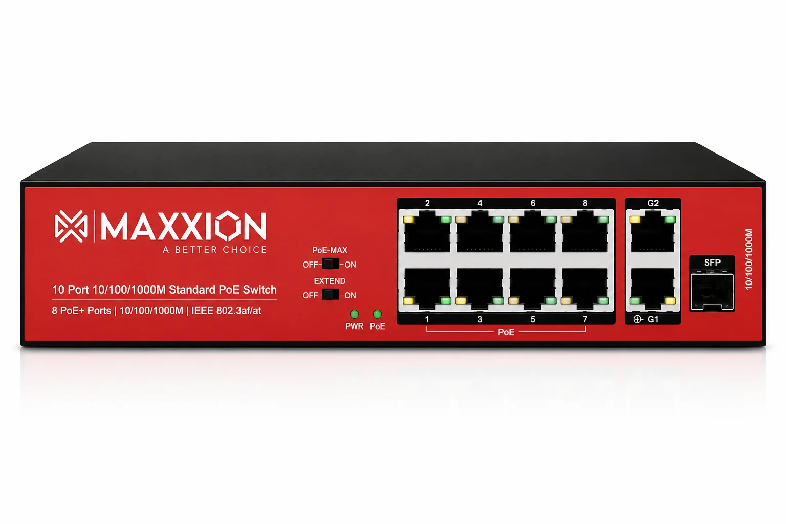 Maxxion 8Port POE Switch Full Gigabit With 1 SFP Port (MX-5802-1F-VS12W)